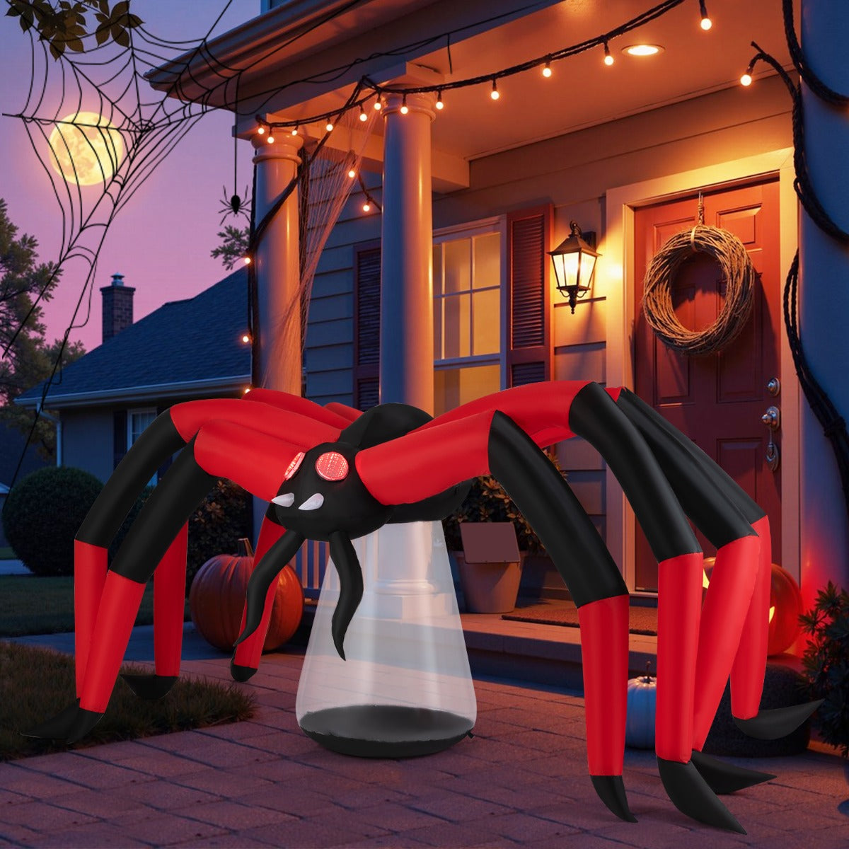 Lång – uppblåsbar halloweenspindel, läskig spindeldekoration med röda tunnelögon och LED belysning – 313 cm – Röd