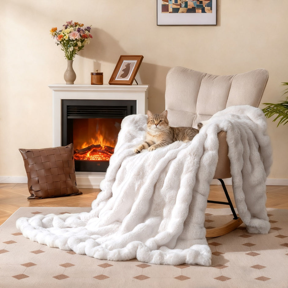 Lyxig – Konstpälsfilt Fluffig Plysch Kaninpäls Bubbel – 153 x 203 cm – Beige