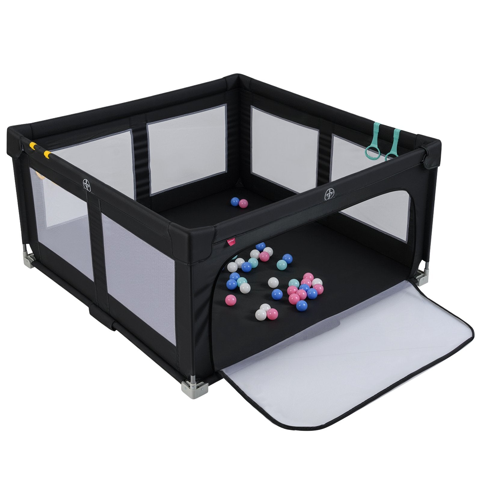 Leksaksgård – för baby, hopfällbar lekgård med bollar, handtag och dragkedjedörr – 50 4 150 x 150 cm – Svart