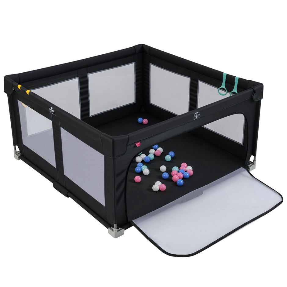 Leksaksgård – för baby, hopfällbar lekgård med bollar, handtag och dragkedjedörr – 50 4 150 x 150 cm – Svart