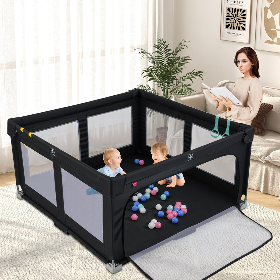 Leksaksgård – för baby, hopfällbar lekgård med bollar, handtag och dragkedjedörr – 50 4 150 x 150 cm – Svart