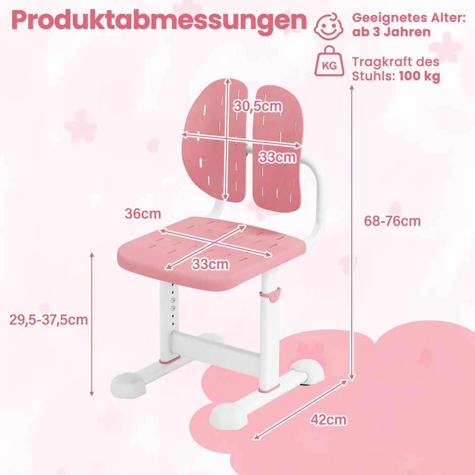 Höj – och sänkbar barnstol skrivbordsstol studie med dubbel ryggstöd – Rosa