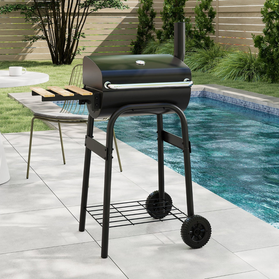Träkolgrill – med Klappbar Sidobord och Termostat Grillvagn Utomhus BBQ – Svart
