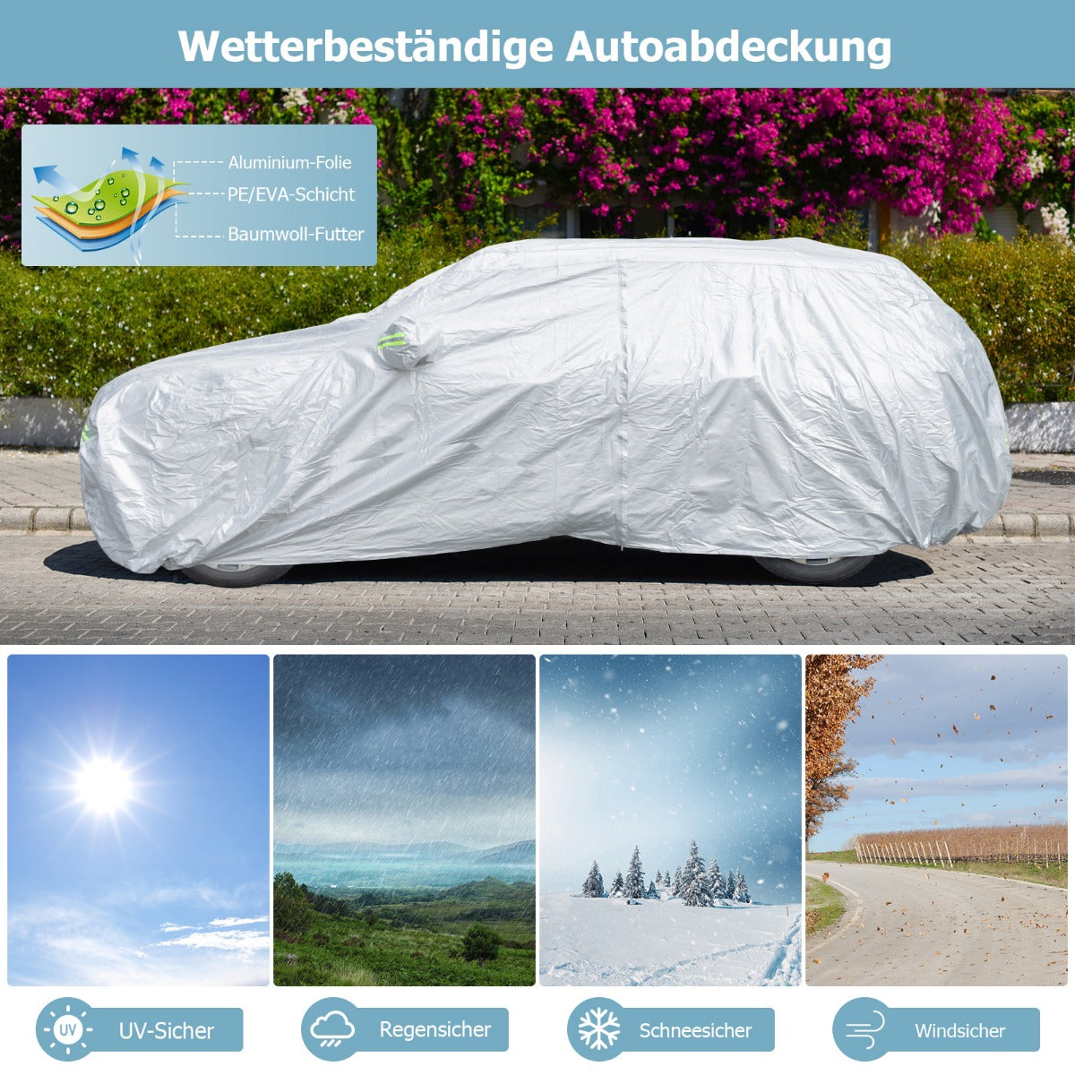 Väderbeständig – presenning för fordon bilskydd med dragkedja dörr – 516 x 191 x 164 cm – Silver