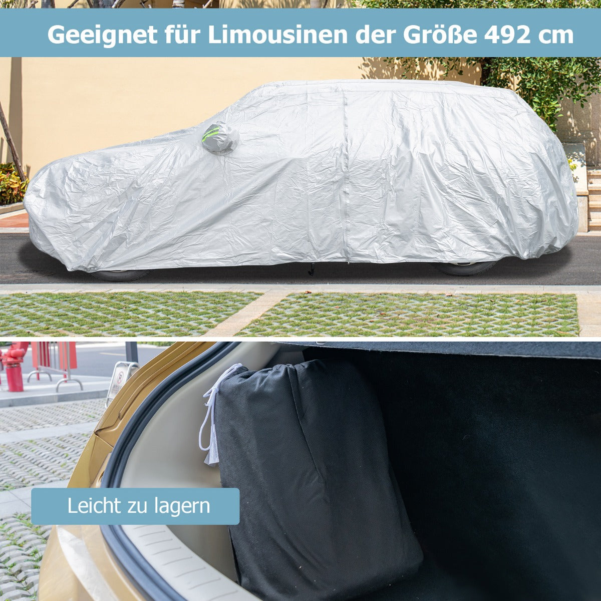 Väderbeständig – presenning för fordon Bilskydd med dragkedja dörr – 492 x 191 x 154 cm – Silver