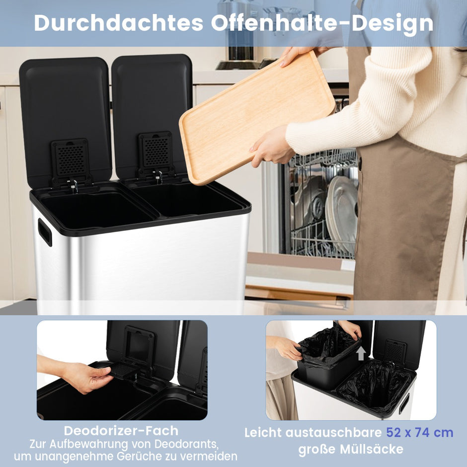 30L – papperskorg med fack och mjukstängande lock deodoriserande – 2 x 2 2 – Silver