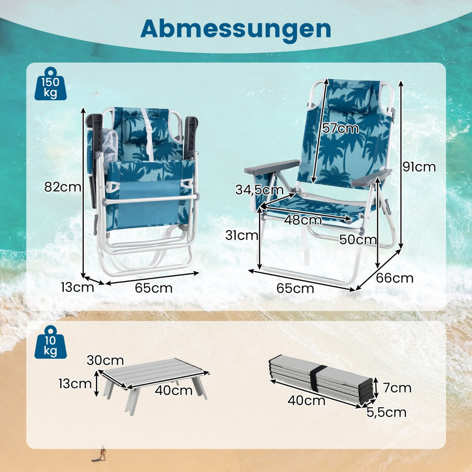 Fällbara – campingstolar med bord, justerbar ryggstöd, lätta strandstolar. – Blå