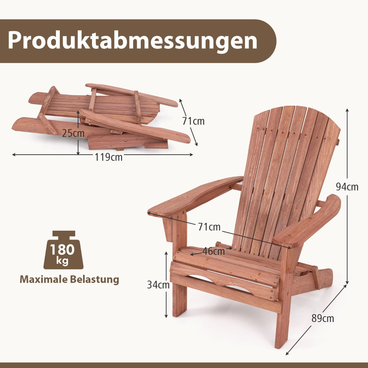 Set – med hopfällbara Adirondack stolar i trä bärförmåga – 2 180 kg – Brun