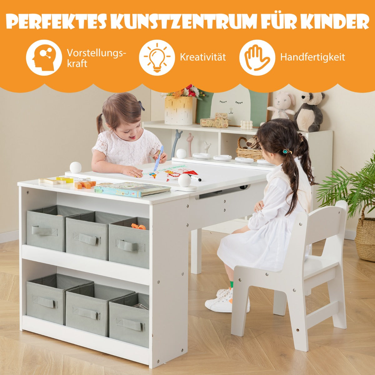 i – aktivitetsbord och staffli med lyftbar bordsskiva tygbehållare pappersrulle – 3 1 6 – Vit
