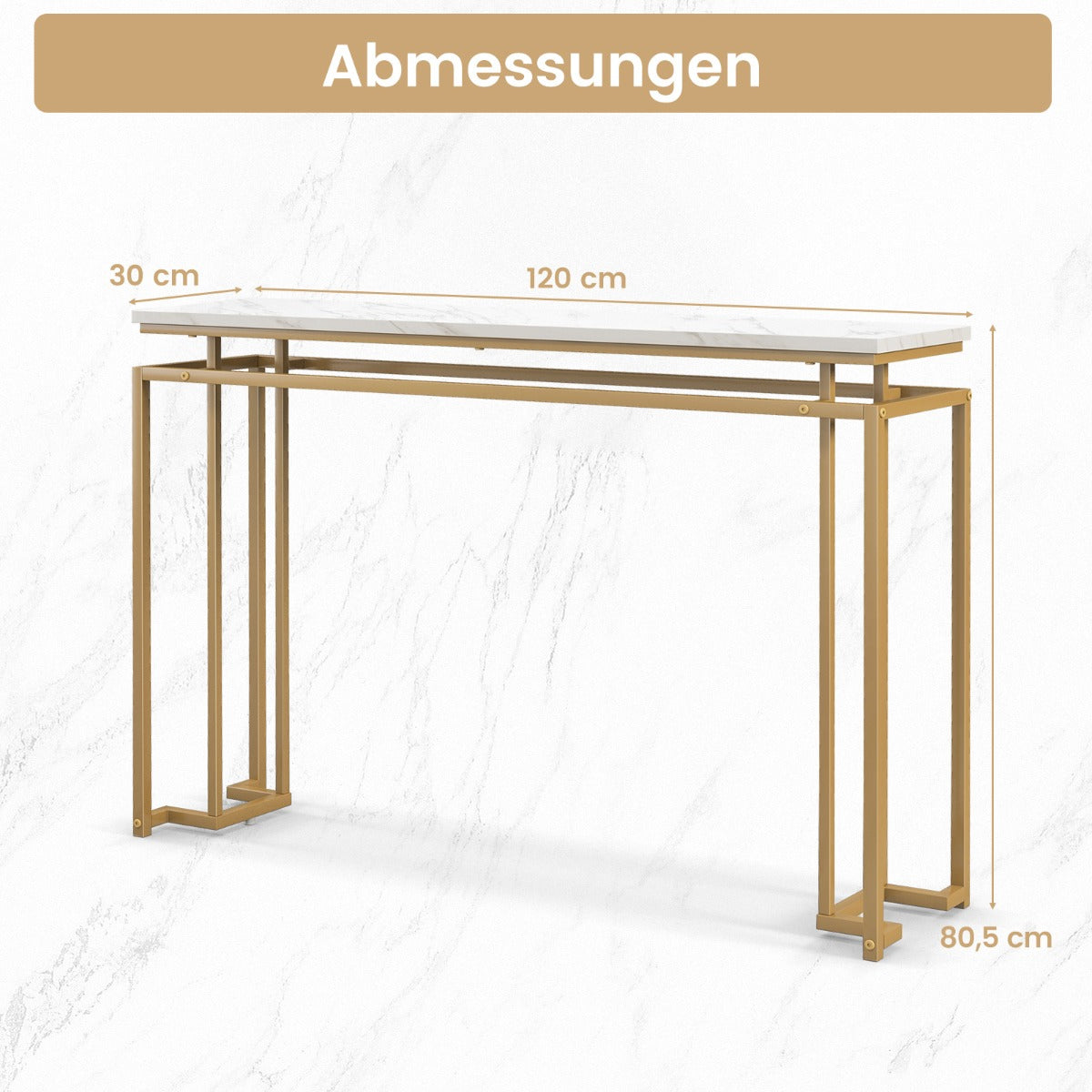 Konsolbord – med bordsskiva i konstgjord marmor och geometrisk metallram hallbord gyllene – 120 cm – Guld