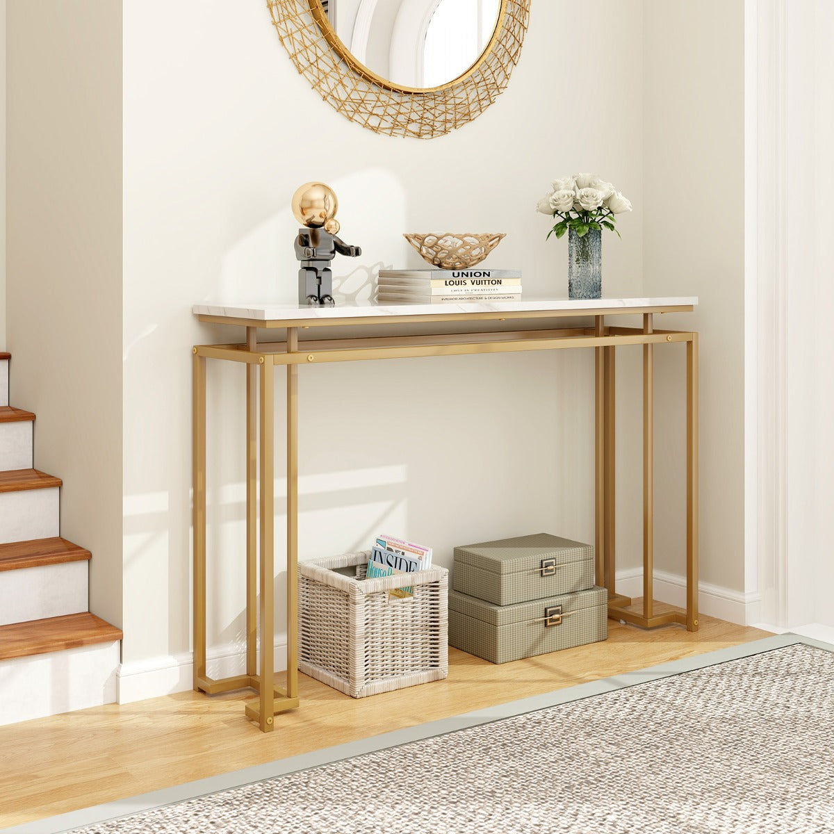 Konsolbord – med bordsskiva i konstgjord marmor och geometrisk metallram hallbord gyllene – 120 cm – Guld
