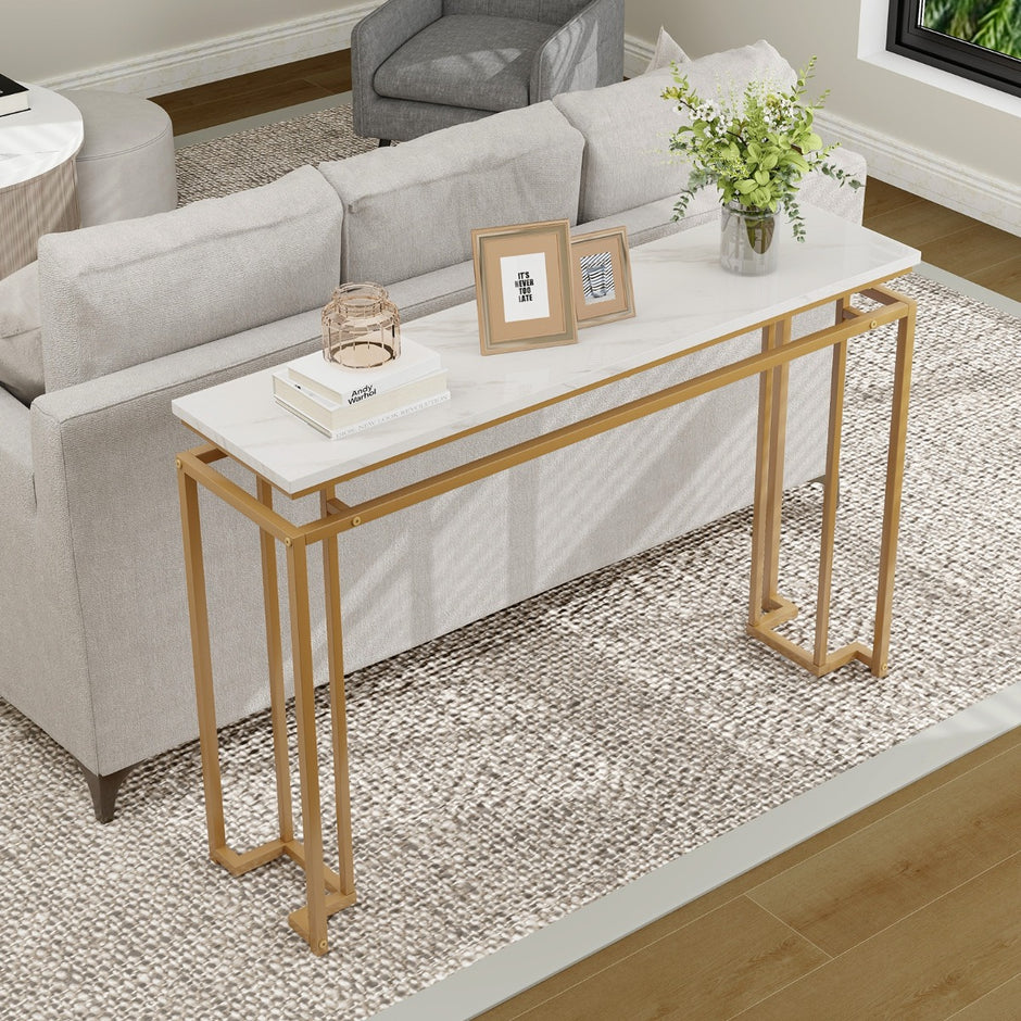 Konsolbord – med bordsskiva i konstgjord marmor och geometrisk metallram hallbord gyllene – 120 cm – Guld
