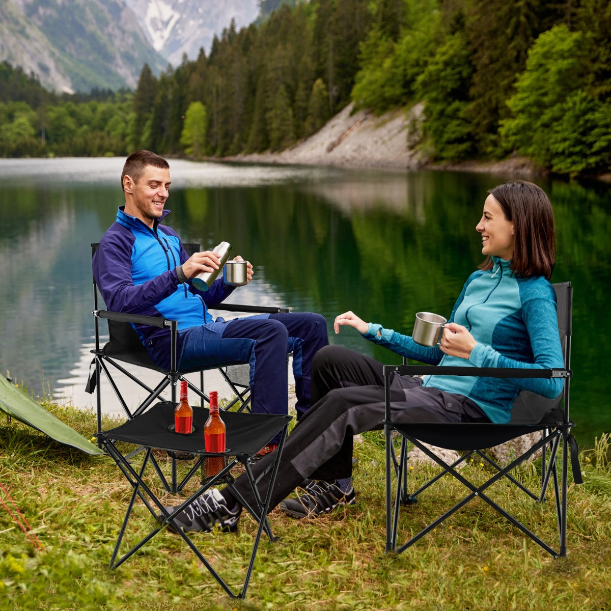 Överdimensionerade – campingstolar med bord och mugghållare förvaringsväska hopfällbara – 2 – Svart