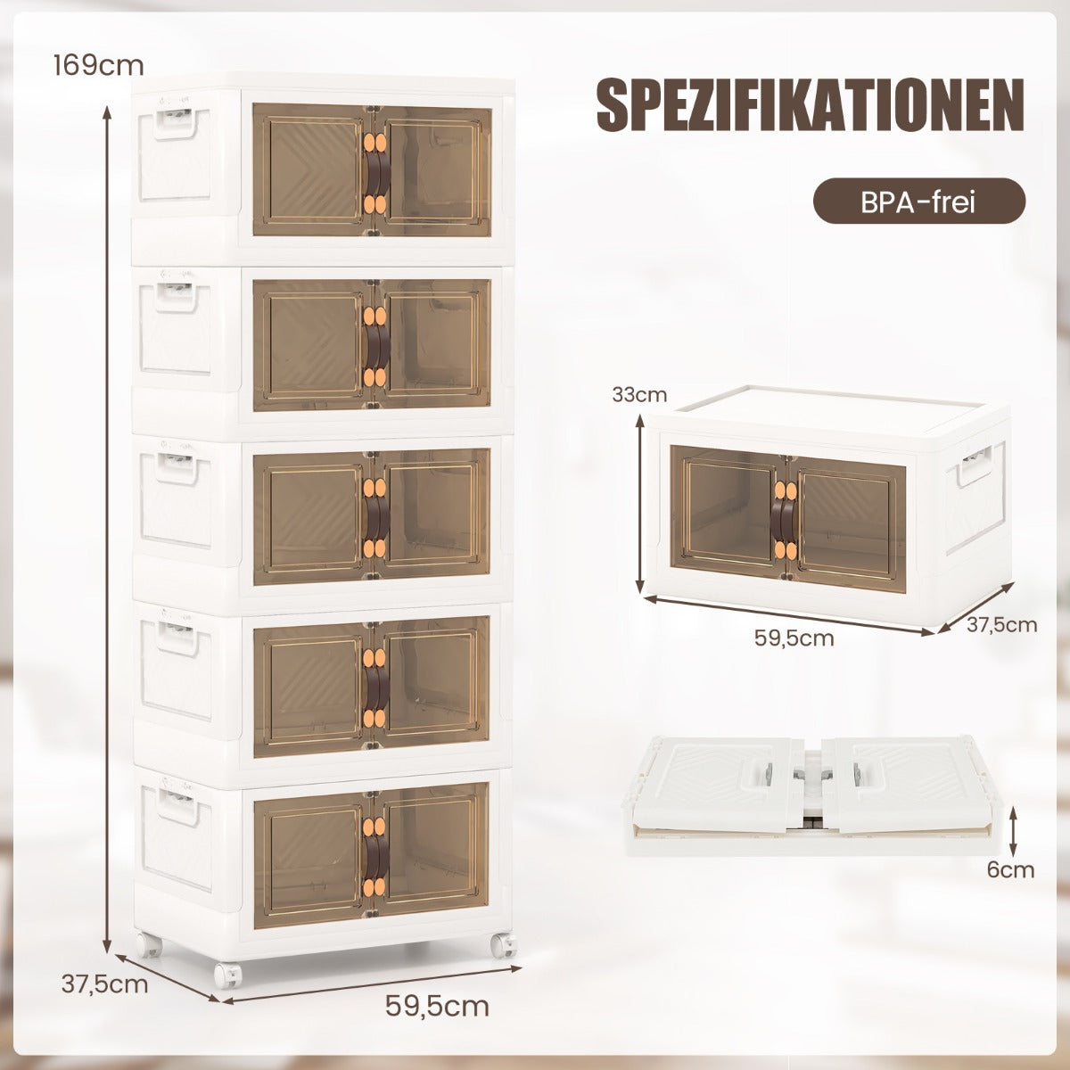 Hopfällbar – förvaringslåda med lock lådor förvaringsset om stapelbar – 316 L 5 169 x 59,9 x 37,5 cm – Vit