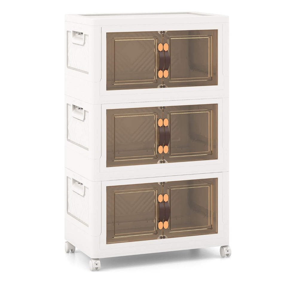 Set – med stapelbara förvaringslådor lock och hjul dörrar – 3 49,5 x 31,5 x 86 cm – Vit