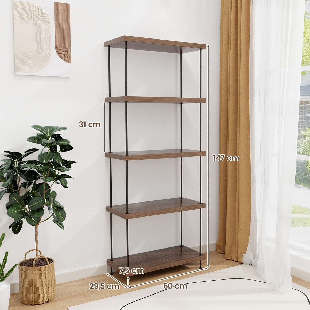 vånings – stående hylla med metallram Industriell Förvaringsställ – 5 60 x 29,5 x 147 cm – Brun