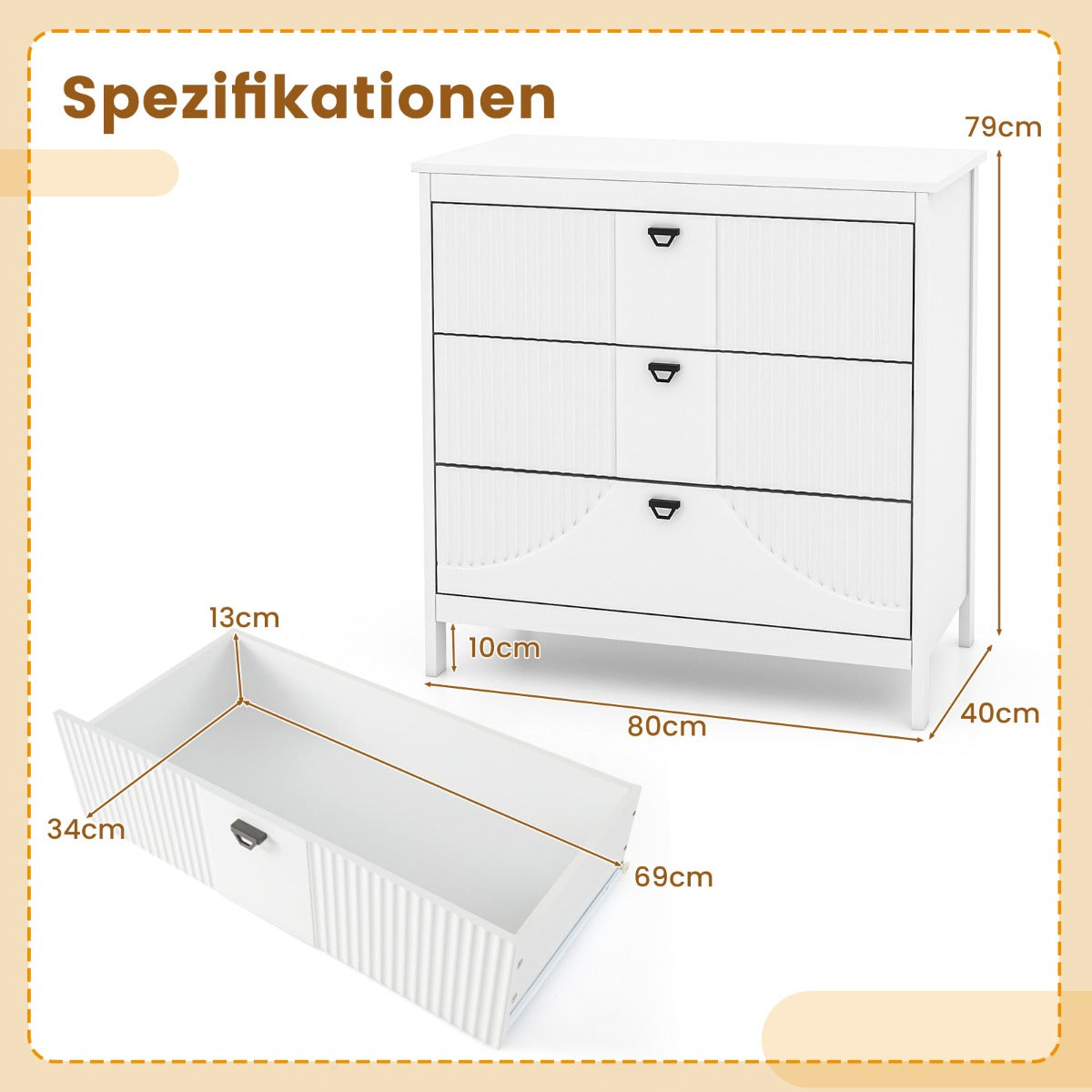 Träbyrå – med lådor och metallhandtag Modernt skänkslådskåp – 3 – Vit