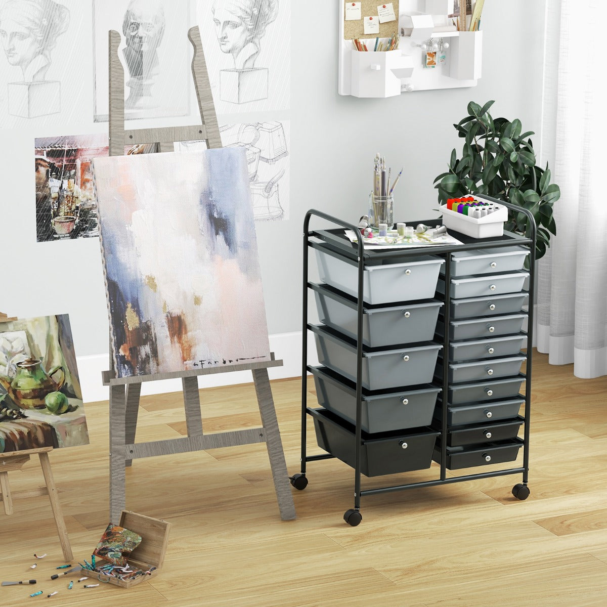 Vagn – med stapelbara lådor Rullbehållare Svart – 15 15 62,5 x 37 x 87 cm – Blandad svart