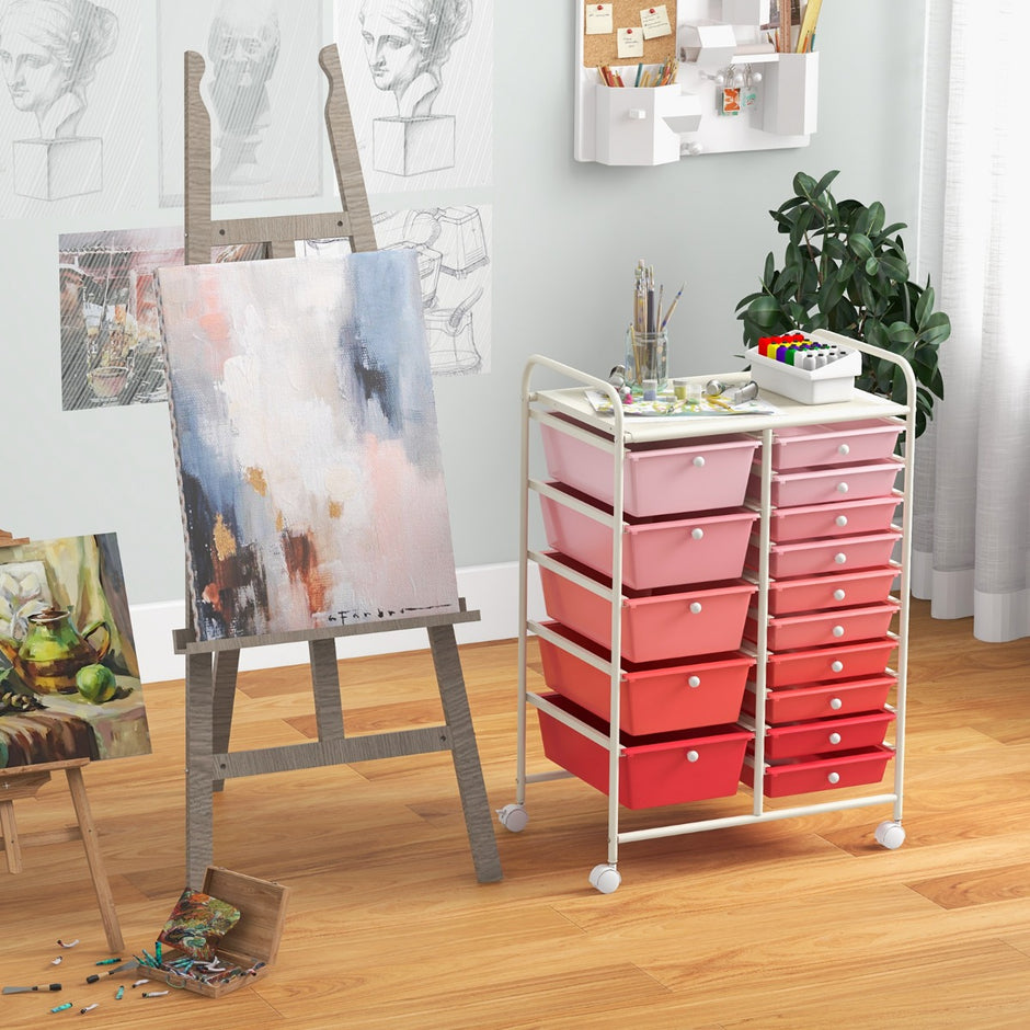 Vagn – med stapelbara lådor Rullbehållare – 15 15 62,5 x 37 x 87 cm – Rosa