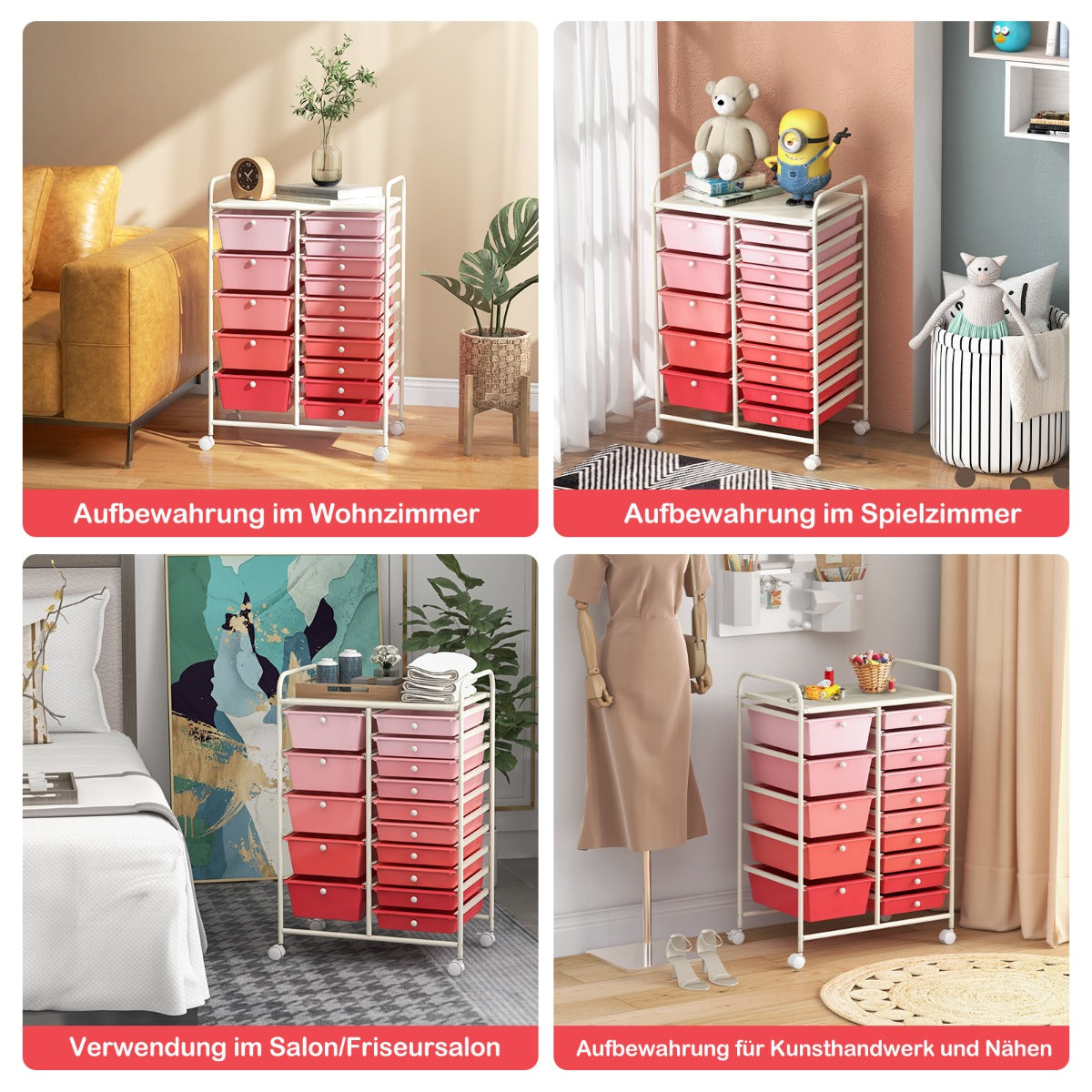 Vagn – med stapelbara lådor Rullbehållare – 15 15 62,5 x 37 x 87 cm – Rosa