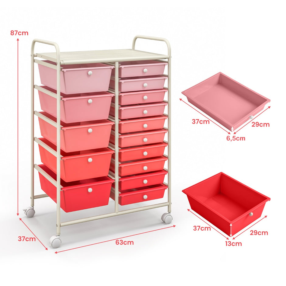 Vagn – med stapelbara lådor Rullbehållare – 15 15 62,5 x 37 x 87 cm – Rosa