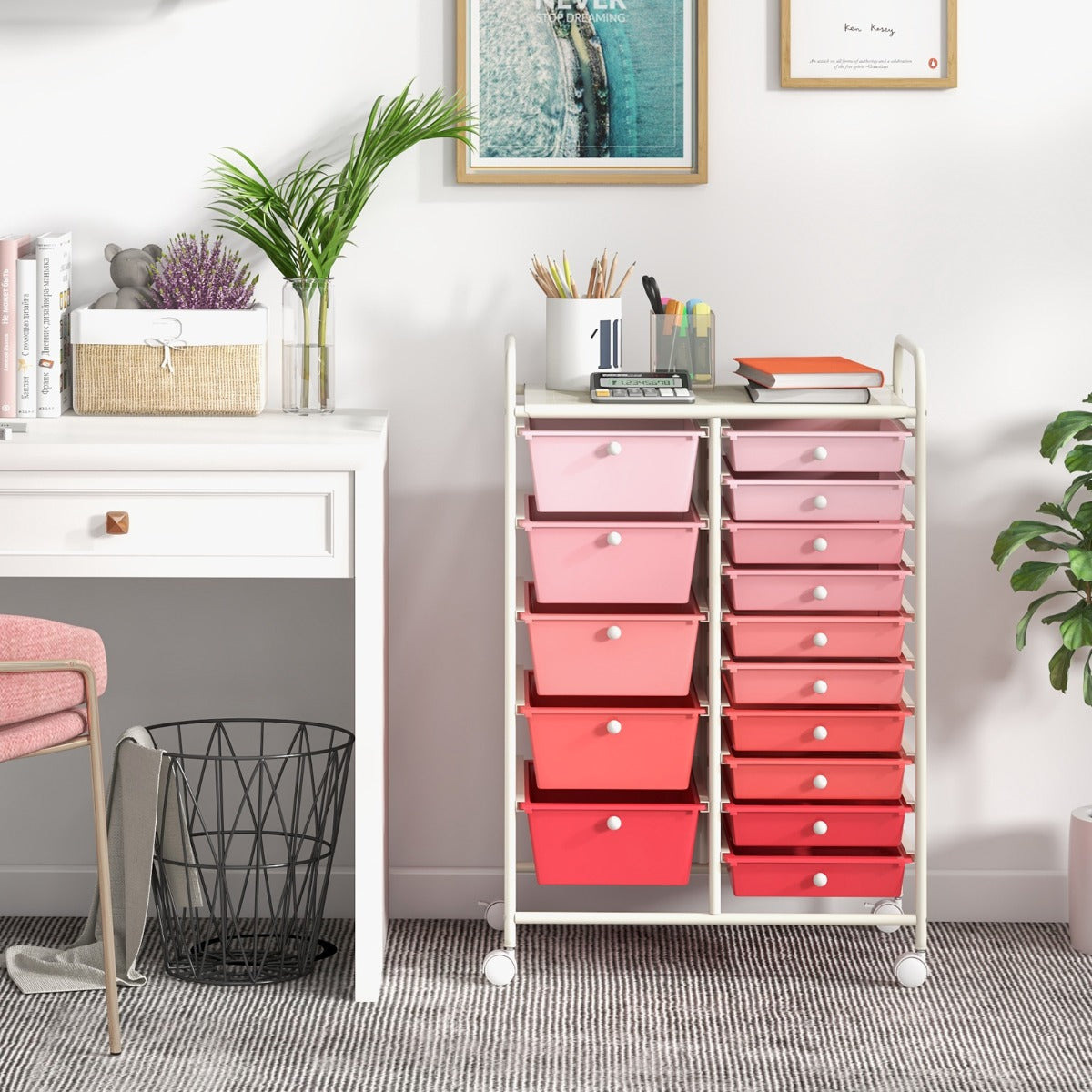 Vagn – med stapelbara lådor Rullbehållare – 15 15 62,5 x 37 x 87 cm – Rosa