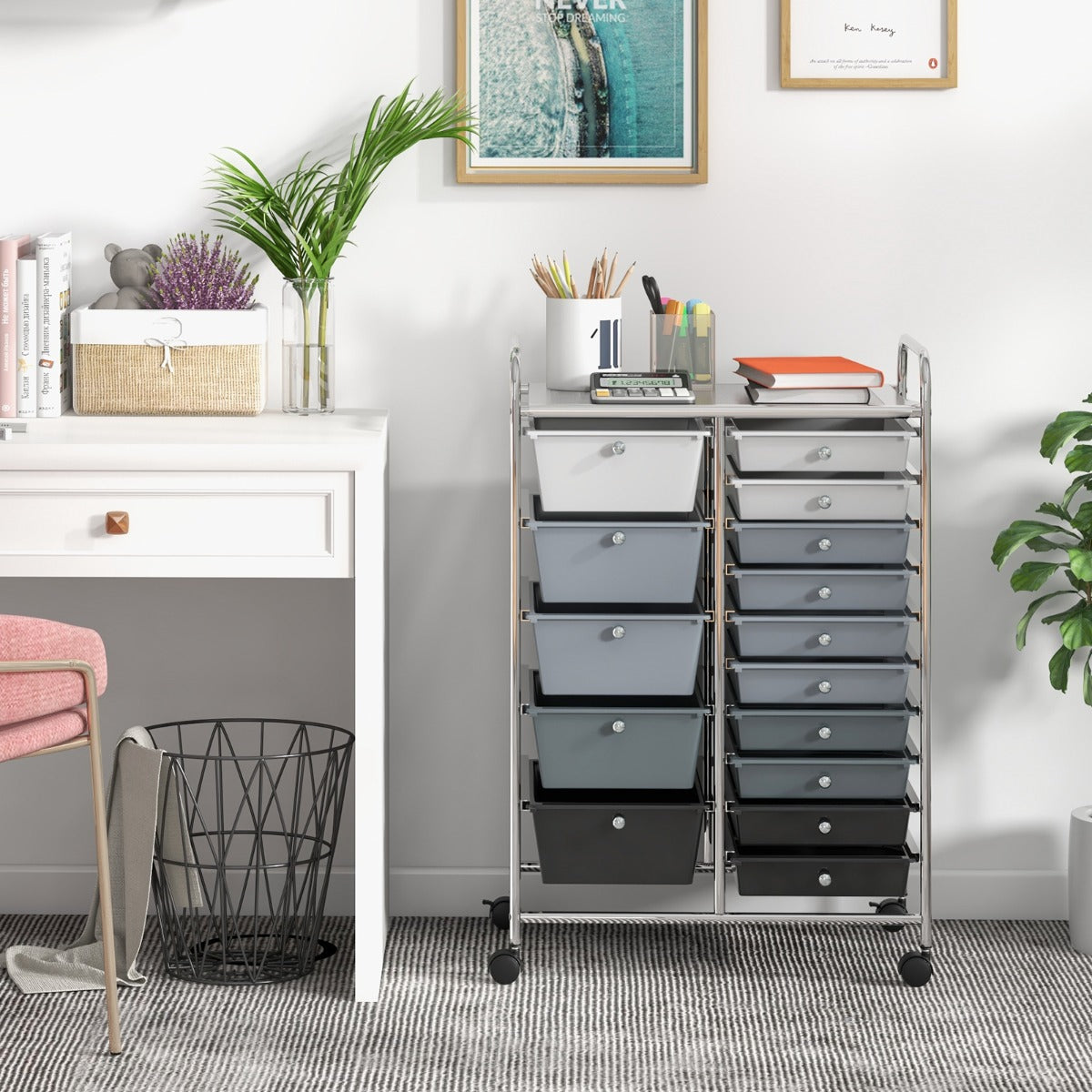 Vagn – med stapelbara lådor Rullbehållare – 15 15 62,5 x 37 x 87 cm – Silver