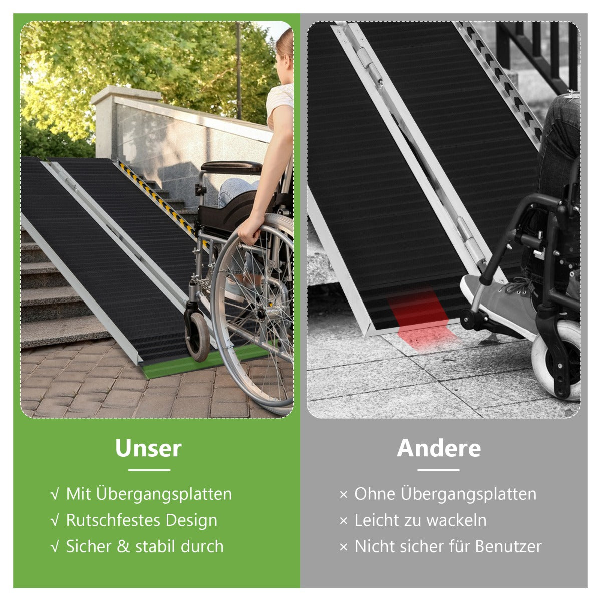Rullstolsramp – Bärbar och halkskyddad hopfällbar upp till lastkapacitet aluminium – 272 kg 122 x 74 cm – Svart
