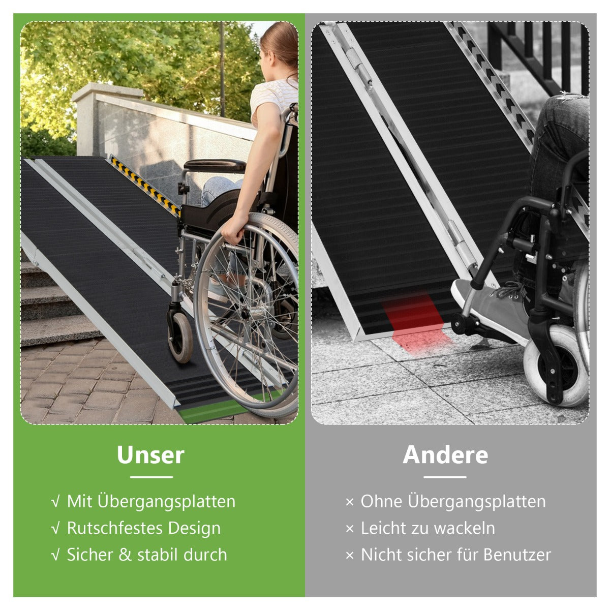 Rullstolsramp – Bärbar och Halkskyddad hopfällbar upp till Lastkapacitet aluminium – 272 kg 152,5 x 74 cm – Svart