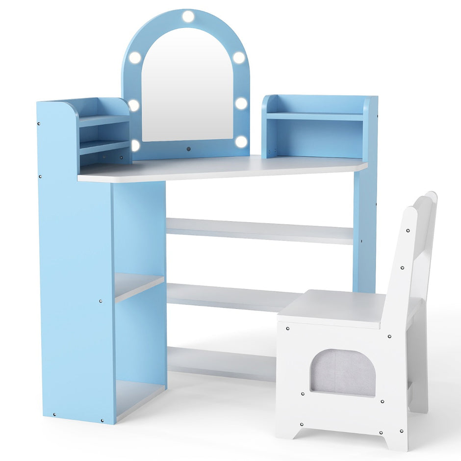 Hörn – sminkbord för barn med spegel och belysning Prinsess stol set – Blå
