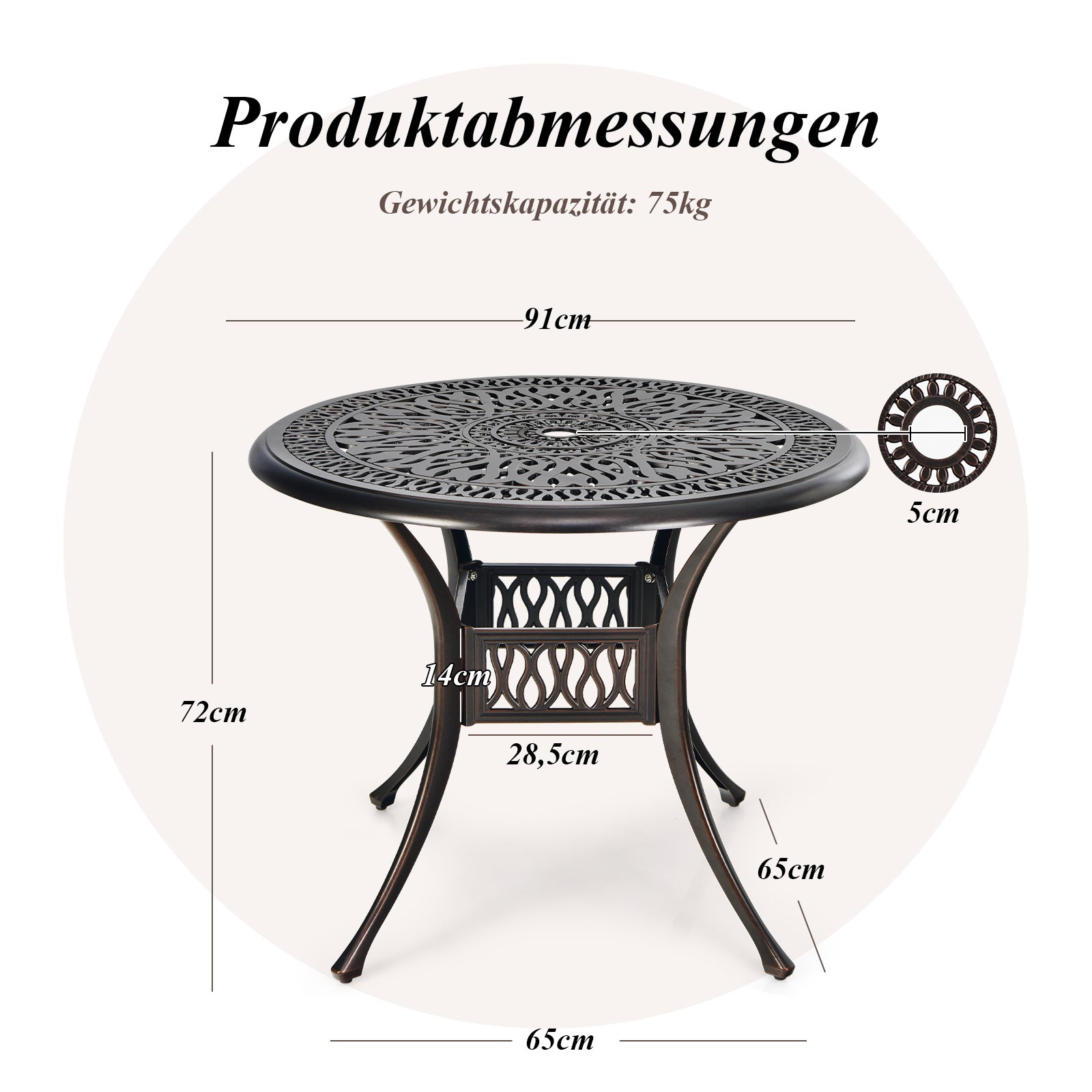 Trädgårdsbord – med parasollhål runt balkongbord i aluminiumgjutning väderbeständigt terrassbord för – Ø 90 cm 90 x 90 x 72 cm – Kopparröd