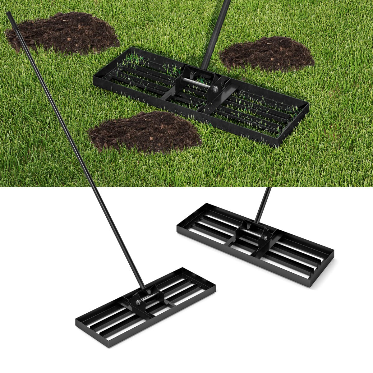Metall – gräsmatta nivåkrattor med ergonomiskt handtag för mark gräskratta – 75 x 25 cm – Svart