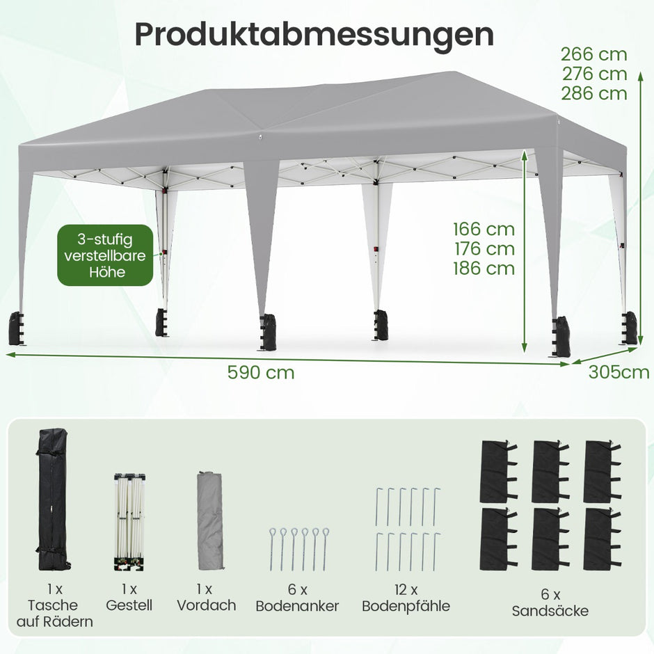 Pop – up Faltpaviljong med bärväska på hjul och UV skydd 50+ partytält – 3 x 6 m – Grå