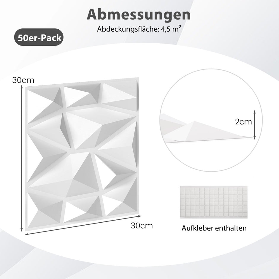 stycken – 3D väggpaneler diamant väggbeklädnad väggdekoration m² – 50 30 x 30 cm 4,5 – Vit
