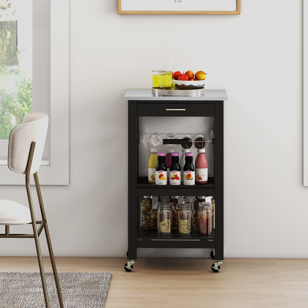 Liten – Köksvagn Serveringsvagn på Hjul Kökshylla med Arbetsyta av Rostfritt Stål – 47 x 39 x 85 cm – Svart