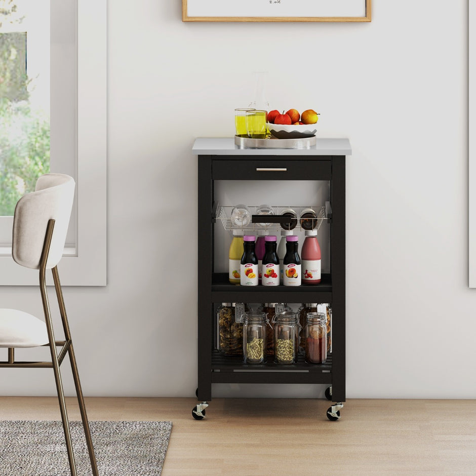 Liten – Köksvagn Serveringsvagn på Hjul Kökshylla med Arbetsyta av Rostfritt Stål – 47 x 39 x 85 cm – Svart