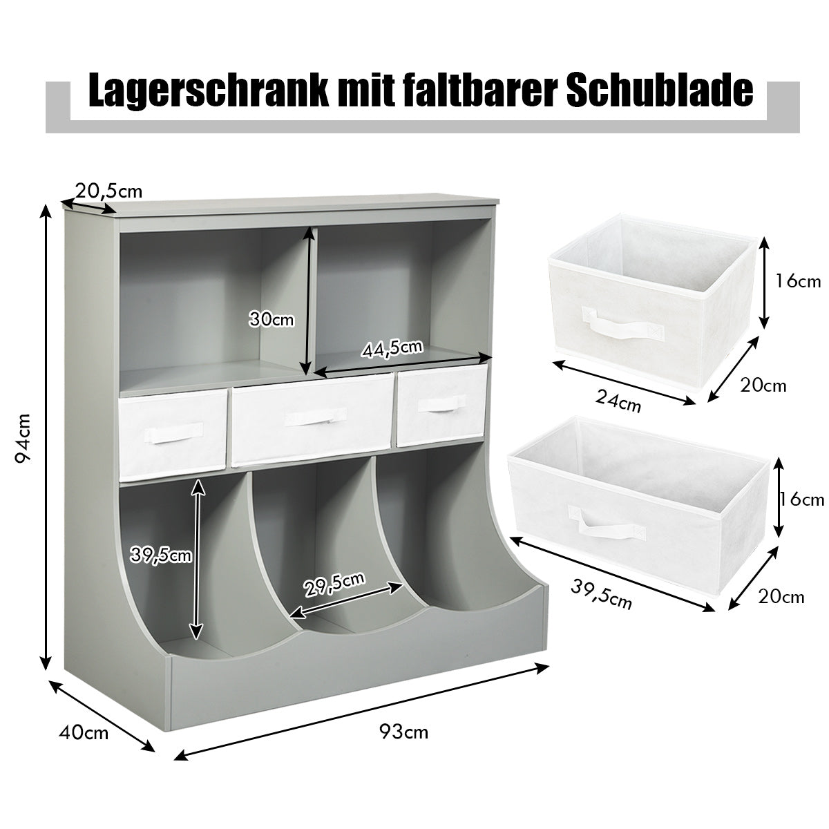 Leksakshylla – med fack och lådor Barnhylla – 5 3 93 x 40 x 94 cm – Grå