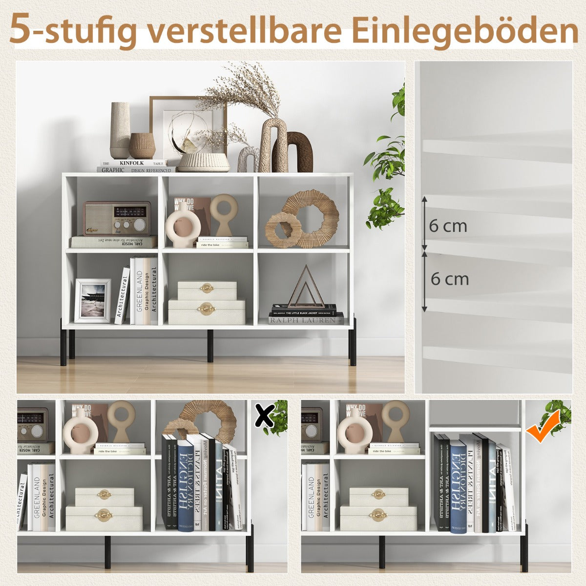 Bokhylla – med fack Ståhylla upphöjda metallben och justerbara hyllor – 6 120 x 35 x 79,5 cm – Vit