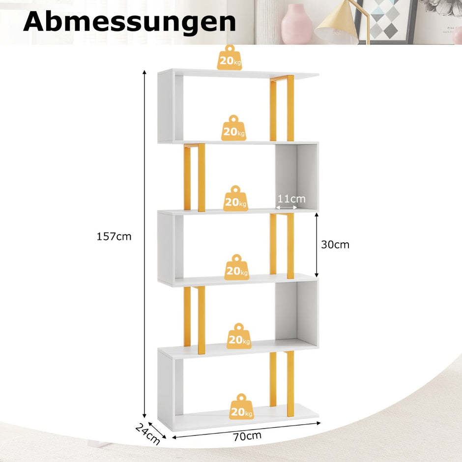 Bokhylla – stående med nivåer S formad kontorshylla – 5 70 x 24 x 157 cm – Vit
