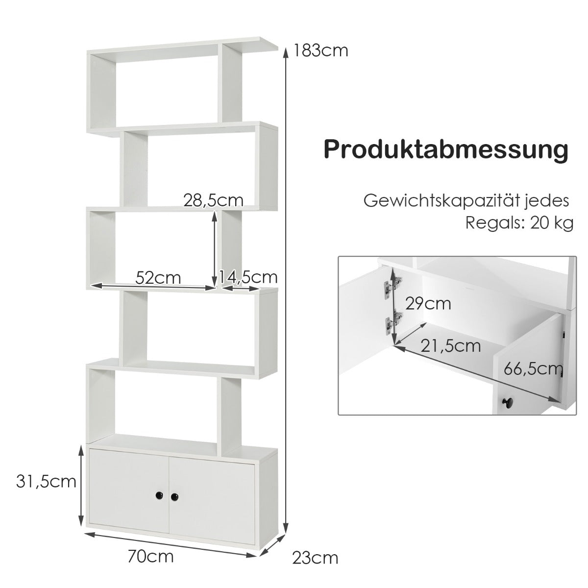 Bokhylla – Ståhylla med dörrar Rumsavdelare nivåer – 183 x 70 x 23 cm 5 – Vit