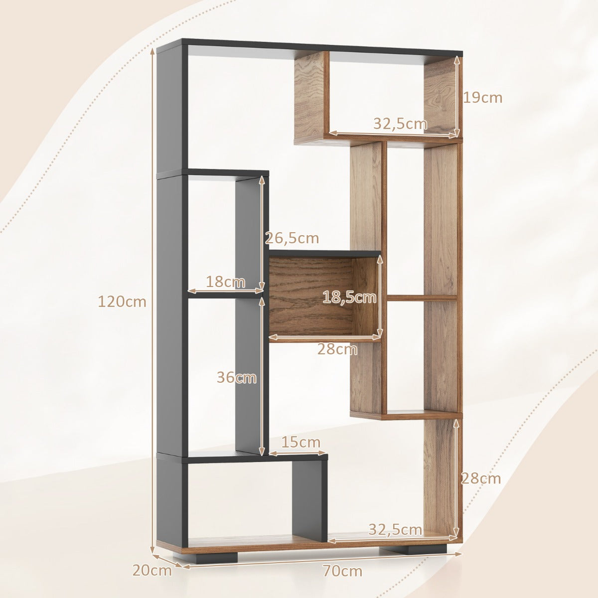 Bokhylla – med fack stående rumsavdelare geometrisk och – 9 120 cm – Svart