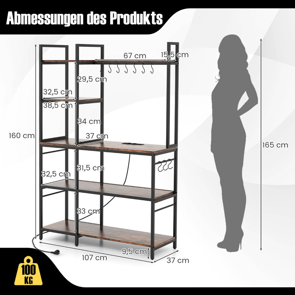 Kökshylla – Ståhylla med uttag våningar Mikrovågsugn hyllor Rustikbrun – 5 107 x 37 x 160 cm – Rustik brun