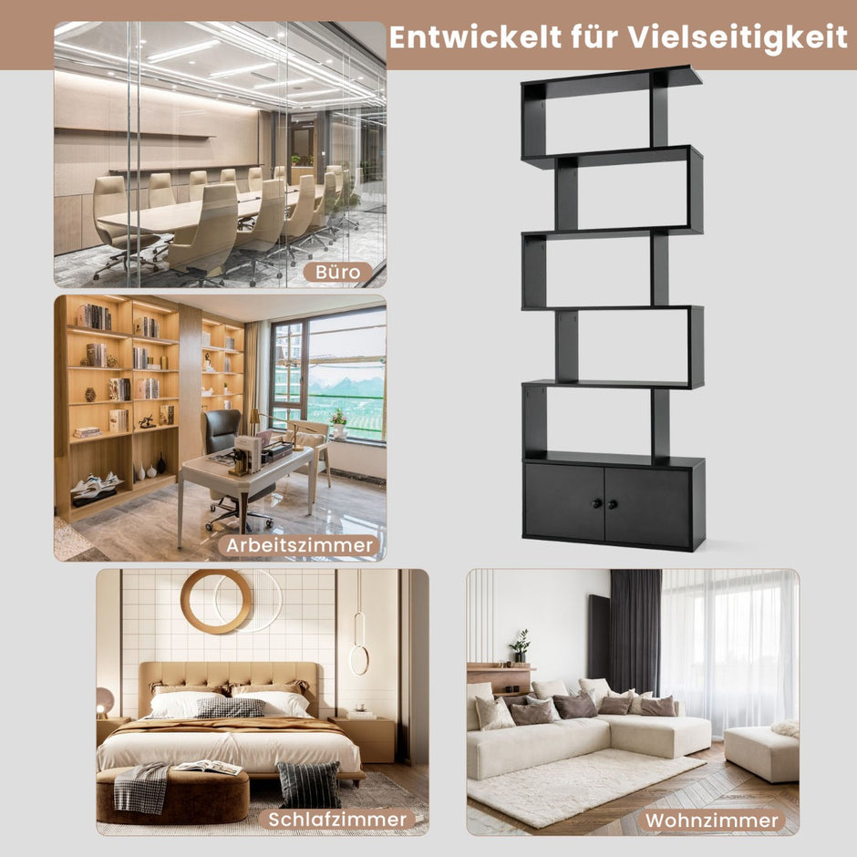Bokhylla – med dörrar och våningar ståhylla i trä rumsavdelare – 5 183 x 70 x 23 cm – Svart