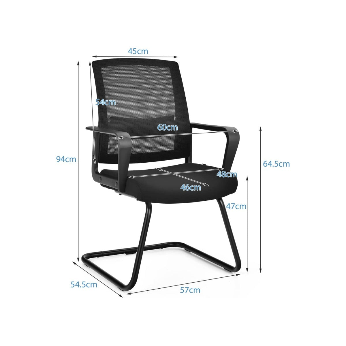 Mesh – kontorsstol med ryggstöd upp till lastkapacitet – 136 kg 60 x 54,5 x 94 cm – Svart