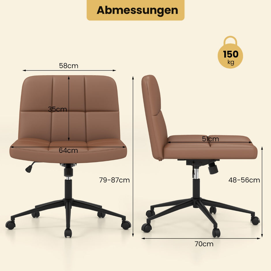 Kontorsstol – utan armstöd Arbetsstol med bred sits 360° vridbart konstläder för hemmakontor – Brun