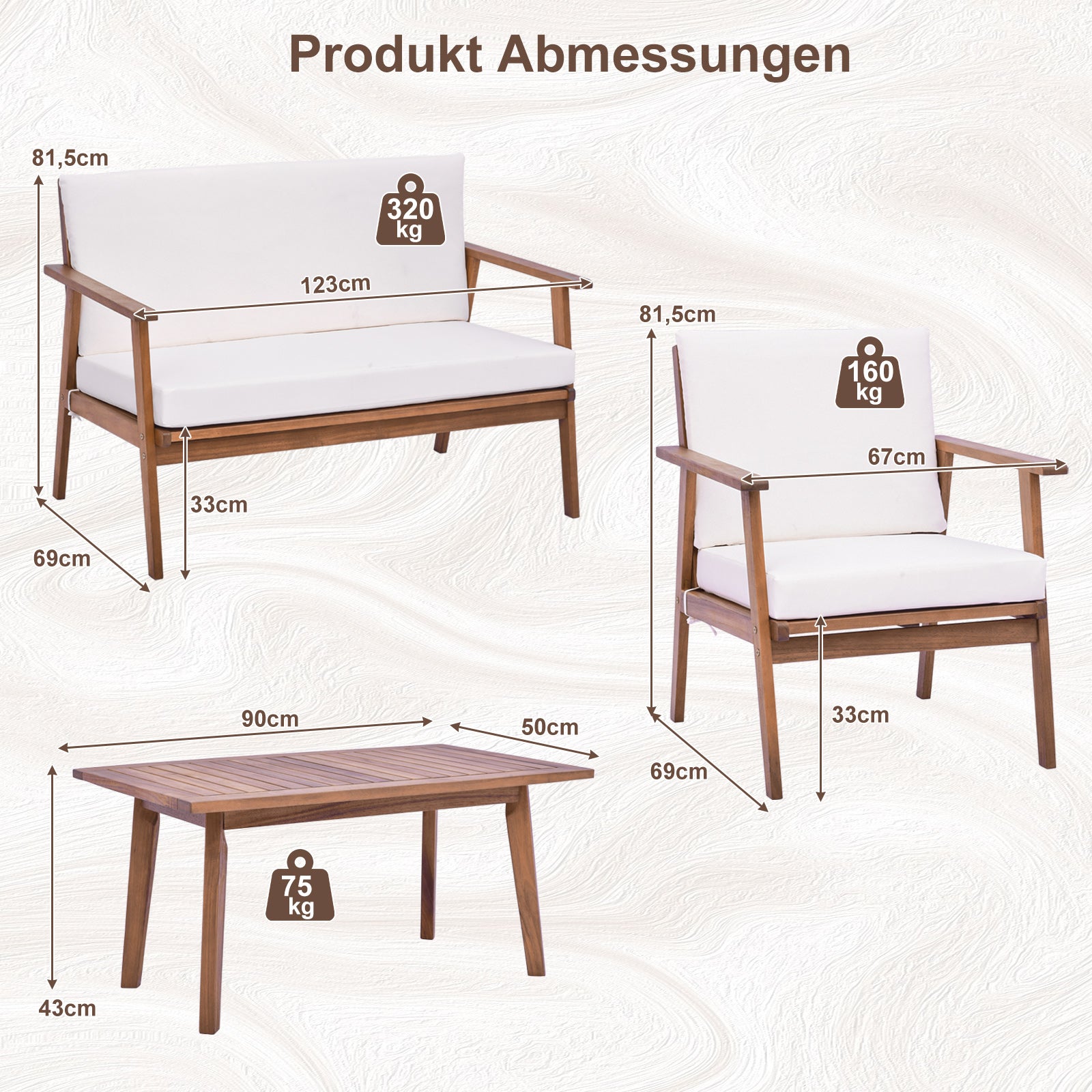 delat – trädgårdsmöbelset balkongmöbler i akaciaträ terrassmöbler med sitt och ryggkuddar – 4 – Vit