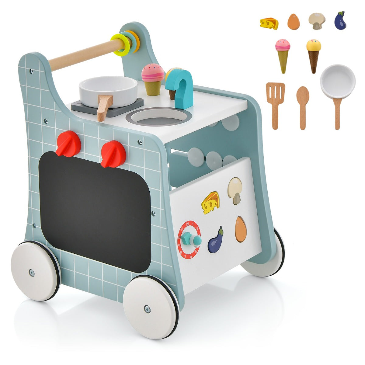 i – Baby Walker i trä med lekkök och lärande klocka formanpassning Blue – 6 1 – Blå