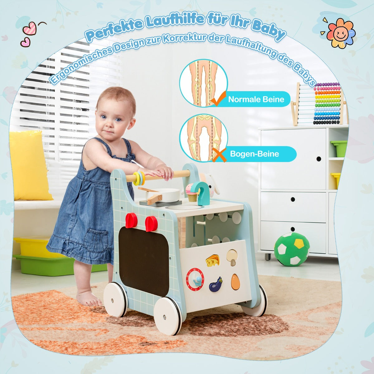 i – Baby Walker i trä med lekkök och lärande klocka formanpassning Blue – 6 1 – Blå