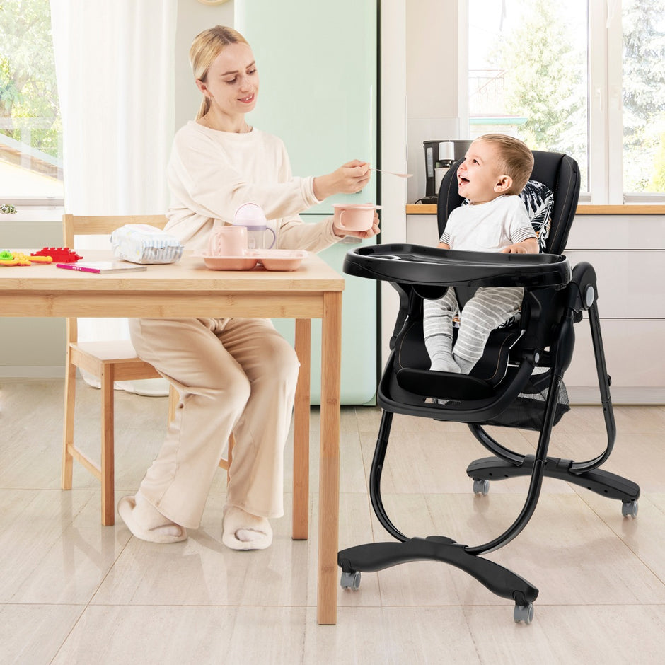 Hopfällbar – barnstol med hjul och justerbar höjd fotstöd ryggstöd Babysits – Svart