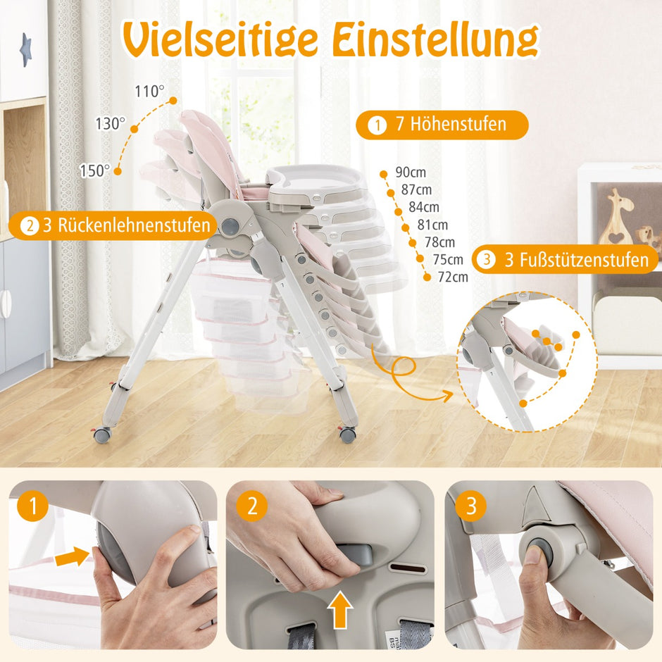 Hopfällbar – barnstol med hjul och justerbar höjd fotstöd ryggstöd Babysits – Rosa